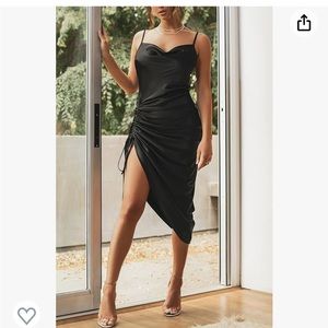 Black satin spaghetti strap cocktail dress